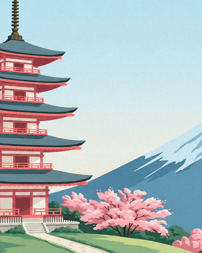 Chureito pagoda, Mount Fuji and cherry blossoms poster: close-up detail