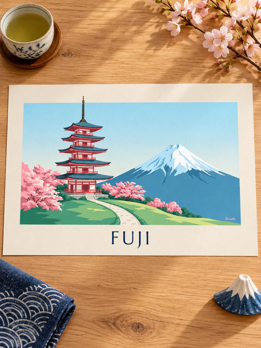 Affiche pagode Chureito face au mont Fuji et cerisiers : posée sur une table