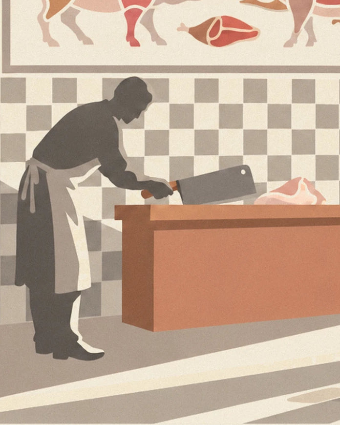 The butcher in an apron with his cleaver on the counter, in front of the chequered wall