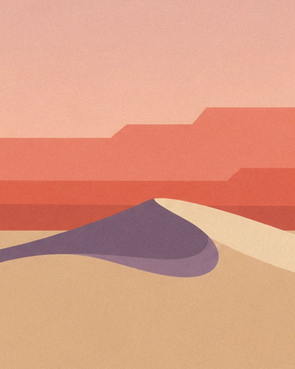 A golden sand dune with a purple shadow, in front of coral-red mesas