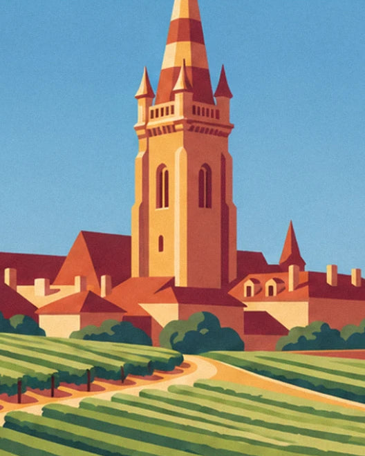 The ochre and red striped bell tower rising above the tiled roofs, beside the vineyards