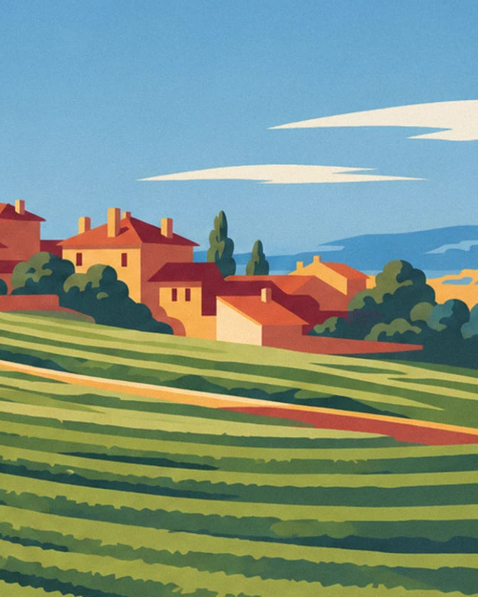 The red-roofed houses and their cypress trees, beneath a blue sky with wispy clouds
