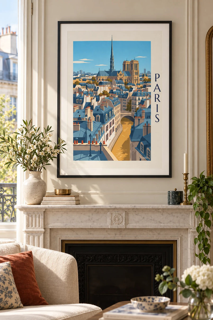 Póster de los tejados haussmannianos de París y la catedral de Notre-Dame: enmarcado en la pared