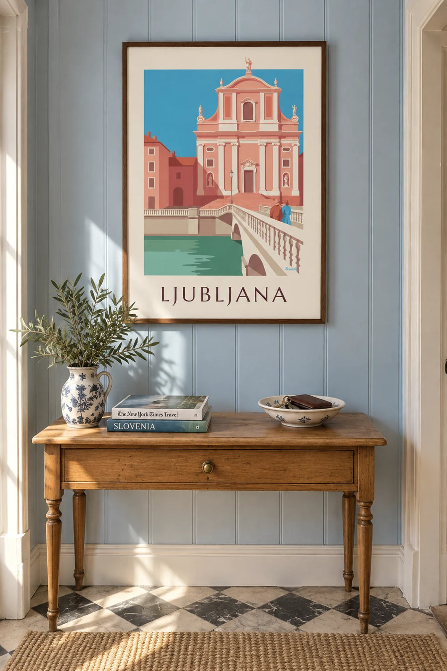 Póster de la iglesia franciscana rosa de Liubliana: enmarcado en la pared