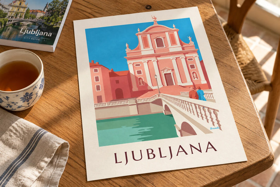 Póster de la iglesia franciscana rosa de Liubliana: sobre una mesa