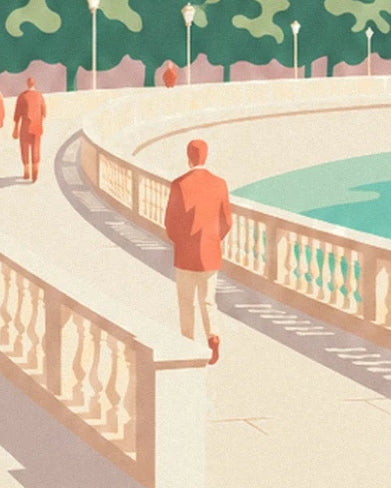 Les promeneurs en vestes corail sur le pont aux balustrades claires, au-dessus de l’eau verte