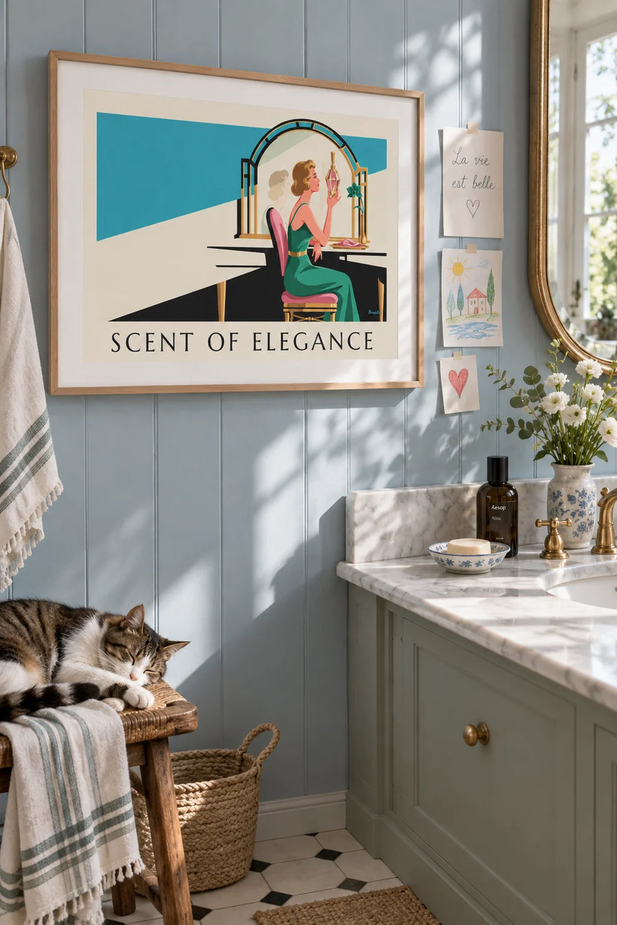 Poster of an elegant woman and a perfume bottle at her dressing table: framed on the wall