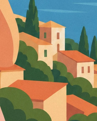 Les maisons aux façades crème et aux toits orangés, entre cyprès et mer bleue