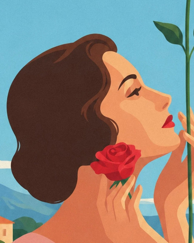 Le profil élégant d’une femme aux cheveux bruns, une rose rouge près du visage
