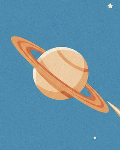 Saturn with orange rings and a cream globe in the starry blue sky