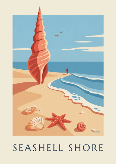 Póster de estrella de mar y conchas sobre la arena: el póster completo