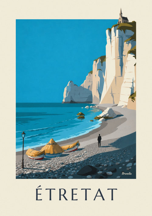 Póster playa de guijarros y caloges de Étretat bajo el acantilado de Amont: el póster completo