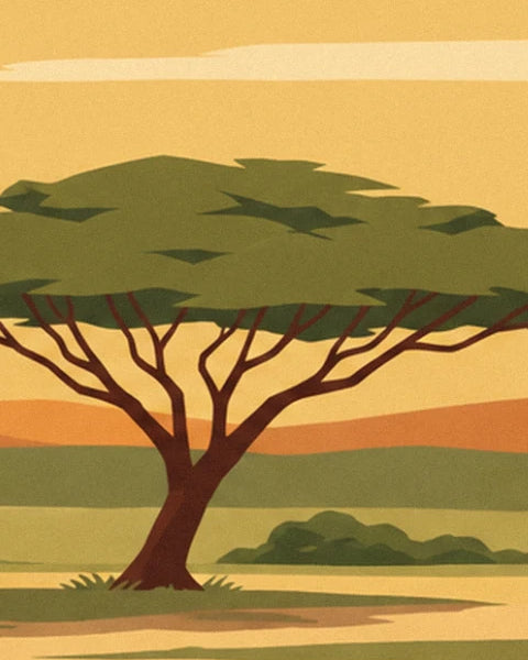 The flat-topped acacia with brown branches, in the middle of the golden savannah