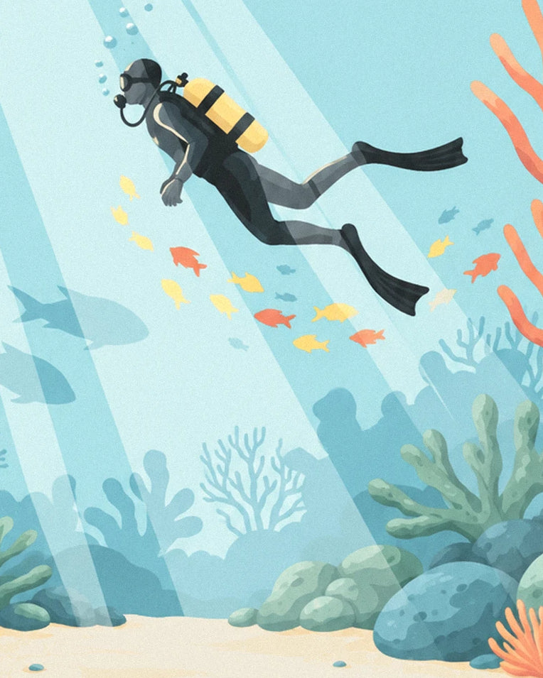 Scuba diver among corals and fish poster: close-up detail