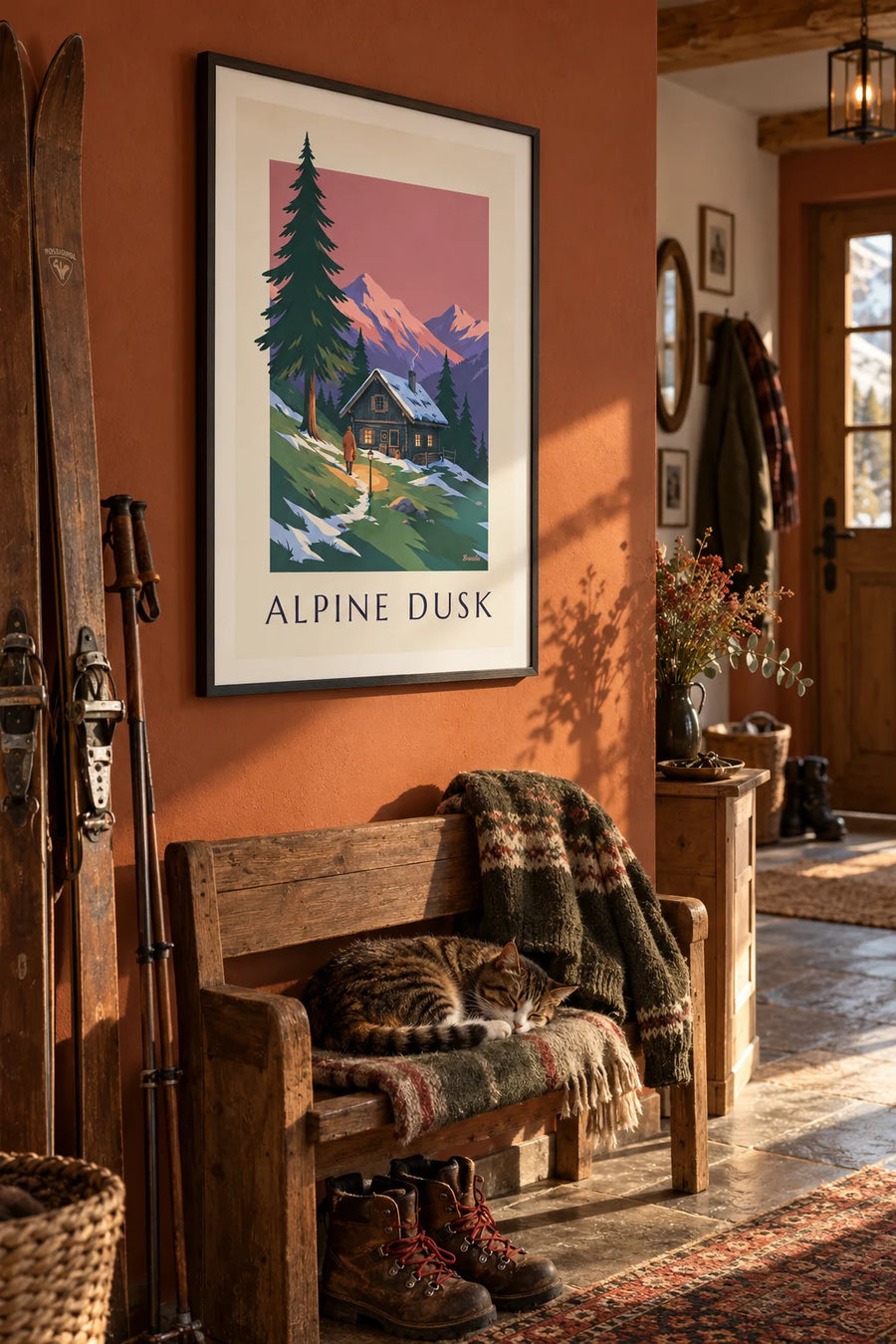Poster of a chalet in an Alpine valley at dusk: framed on the wall