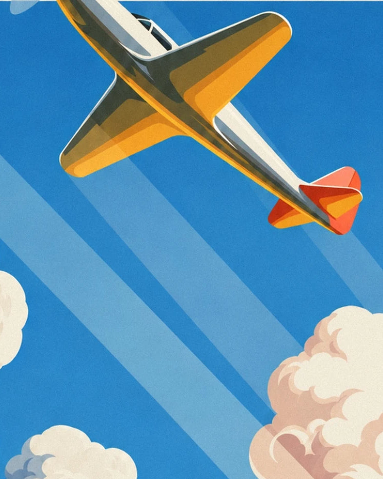 The yellow and orange propeller plane with a red tail, in a blue sky streaked with light
