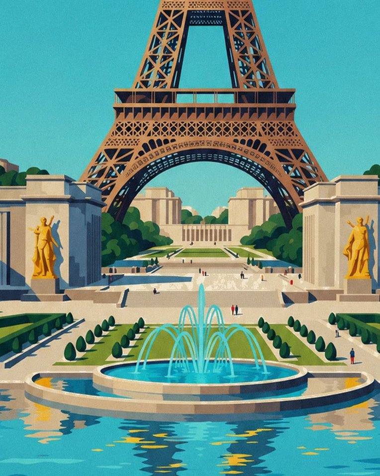 Affiche palais de Chaillot et fontaines du Trocadéro à Paris : détail en gros plan