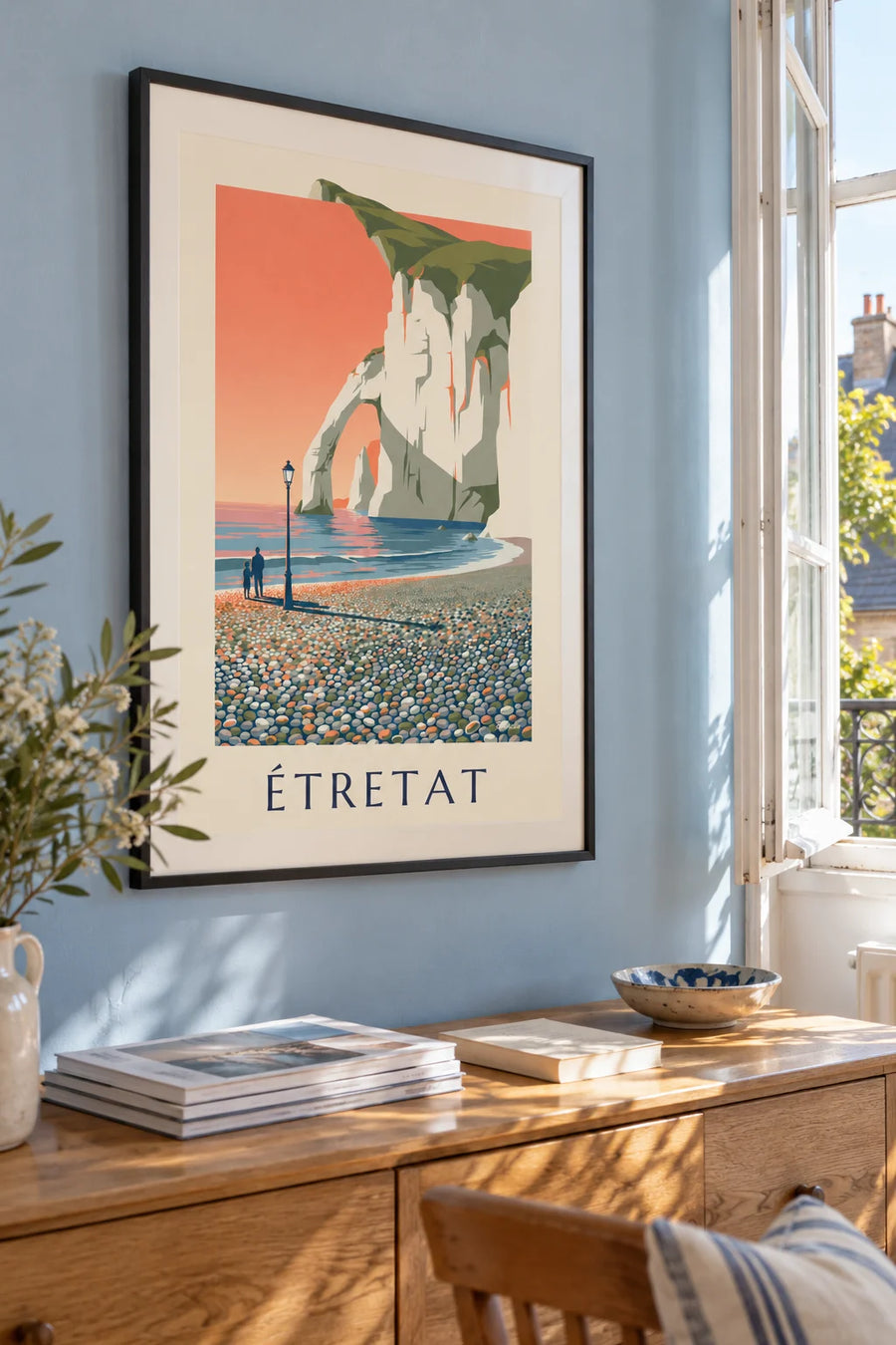 Póster acantilados blancos de Étretat al atardecer: enmarcado en la pared