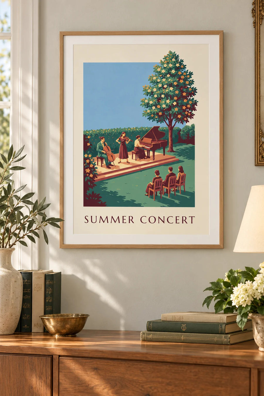 Affiche trio de musique classique en concert d'été en plein air : encadrée au mur
