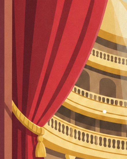 The red curtain held back by its golden tassel, in front of the theatre balconies