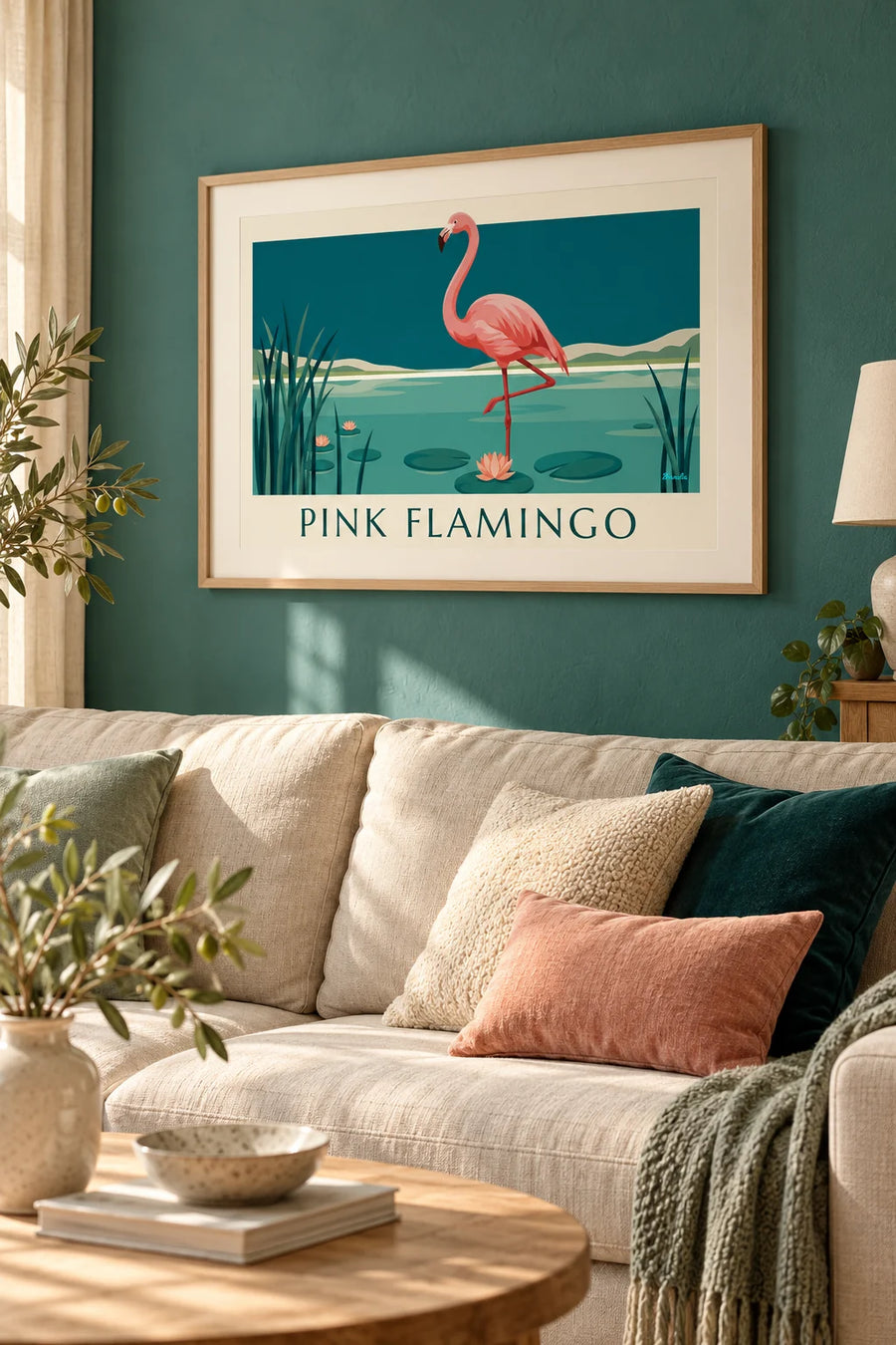 Affiche flamant rose sur une patte parmi les nénuphars : encadrée au mur