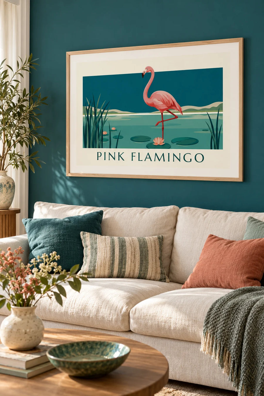 Póster de flamenco rosa sobre una pata entre nenúfares: enmarcado en la pared