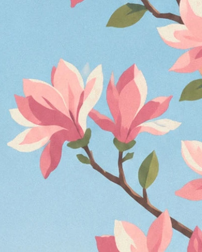 The pink and cream petals of 2 open magnolia flowers against the blue sky