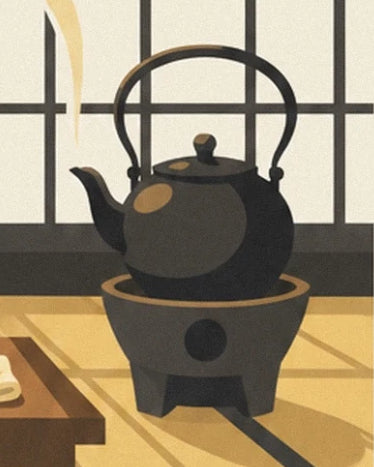 A black kettle with a large handle on a brazier in front of the Japanese partition