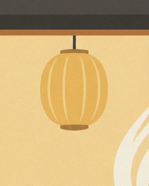 A ribbed ochre lantern hanging beneath a dark beam in the Japanese room