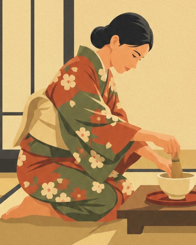 A woman in a red and green floral kimono whisking tea in a cream bowl