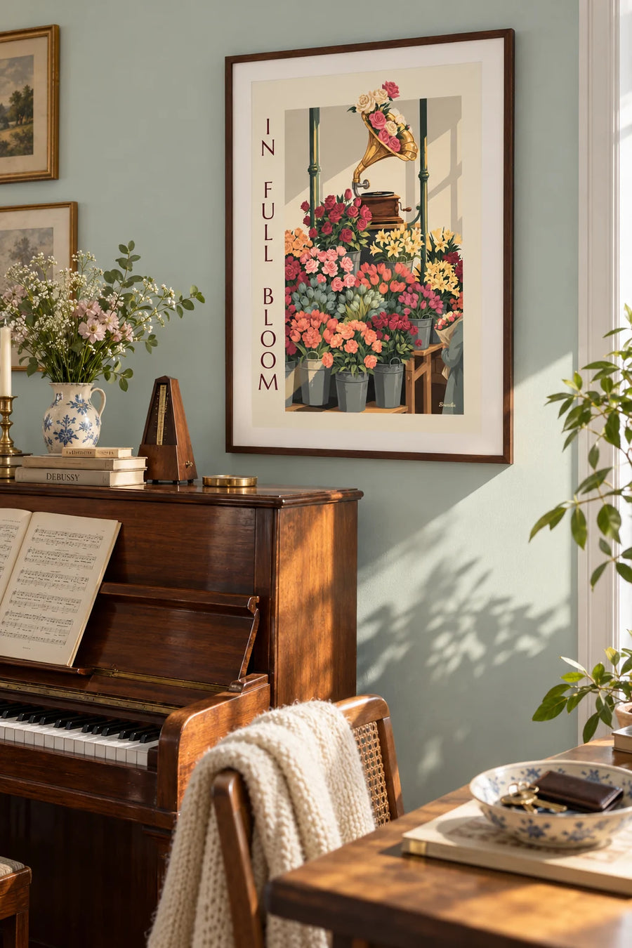 Affiche gramophone fleuri sur un étal de marché aux fleurs : encadrée au mur