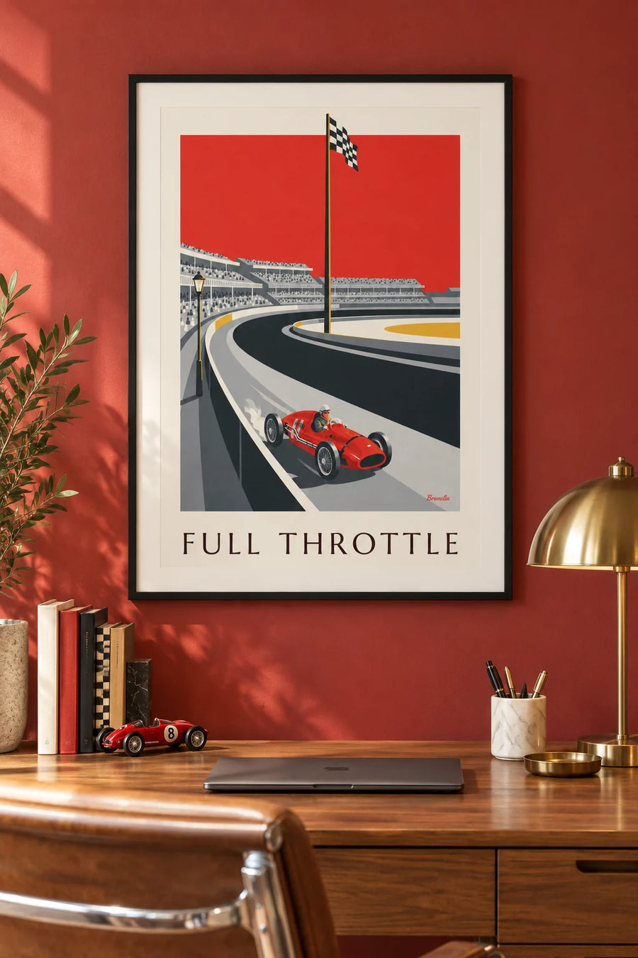 Affiche voiture de course de Grand Prix lancée sur le circuit : encadrée au mur