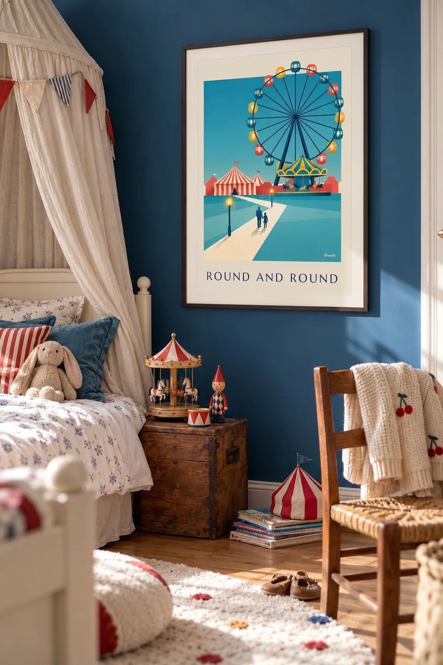 Affiche grande roue illuminée de parc d’attractions : encadrée au mur