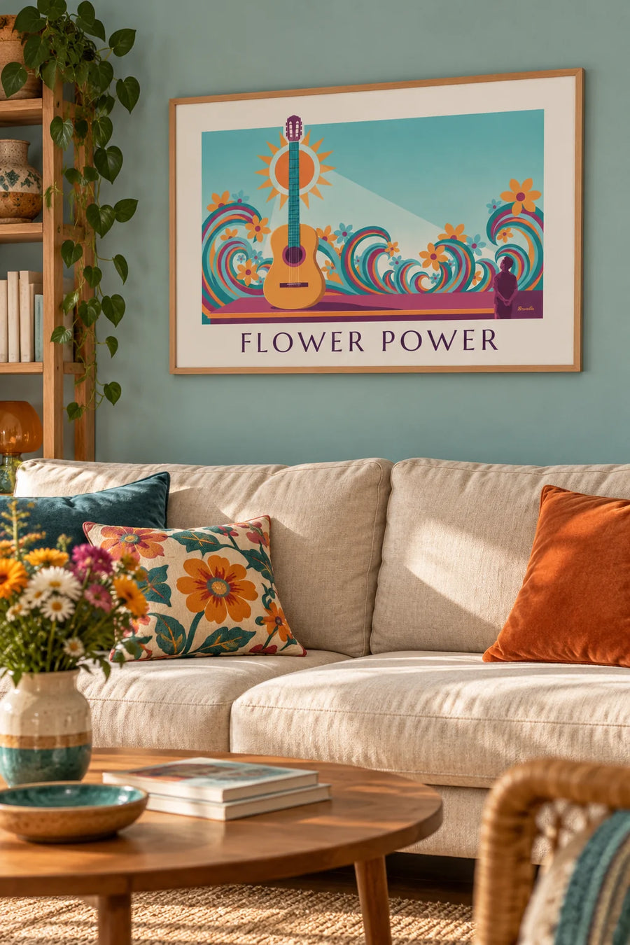 Póster de guitarra acústica y olas psicodélicas Flower Power: enmarcado en la pared