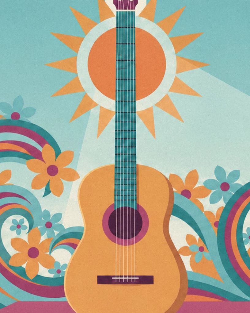 The acoustic guitar in front of an orange sun, surrounded by flowers and waves