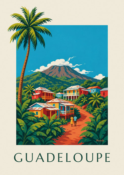 Póster de casas criollas y el volcán de la Soufrière en Guadalupe: el póster completo