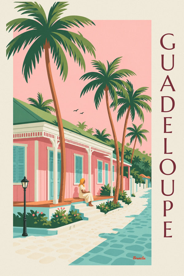 Póster de una casa criolla rosa bajo los cocoteros de Guadalupe