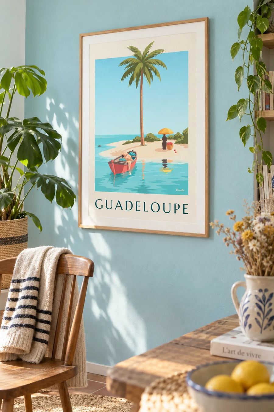 Poster of the Bois Jolan lagoon and a coconut tree in Sainte-Anne, Guadeloupe: framed on the wall