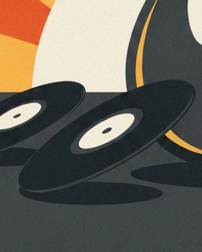 Los discos de vinilo negros con etiquetas crema a los pies de la guitarra