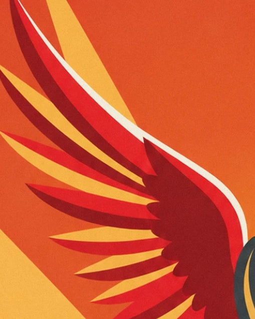 Un ala de largas plumas rojas y granates con contorno blanco sobre un fondo naranja