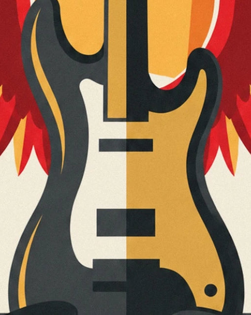 El cuerpo de la guitarra eléctrica negro, crema y amarillo enmarcado por alas rojas
