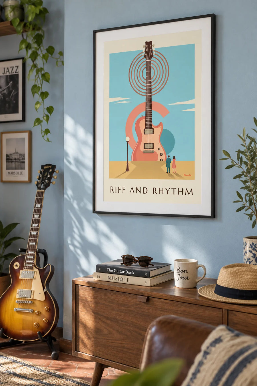 Póster de una guitarra eléctrica y formas geométricas: enmarcado en la pared
