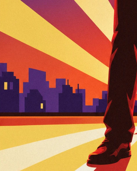 The purple city rooftops at sunset and the rapper's shoe, beneath an orange-streaked sky