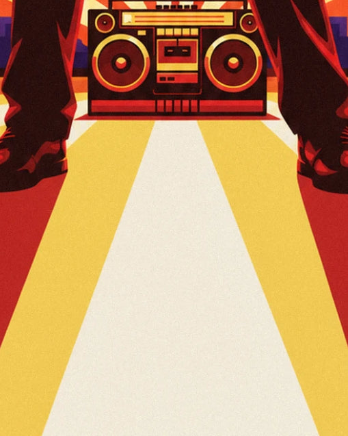 The large red and gold radio between the artist's shoes, on the rooftop