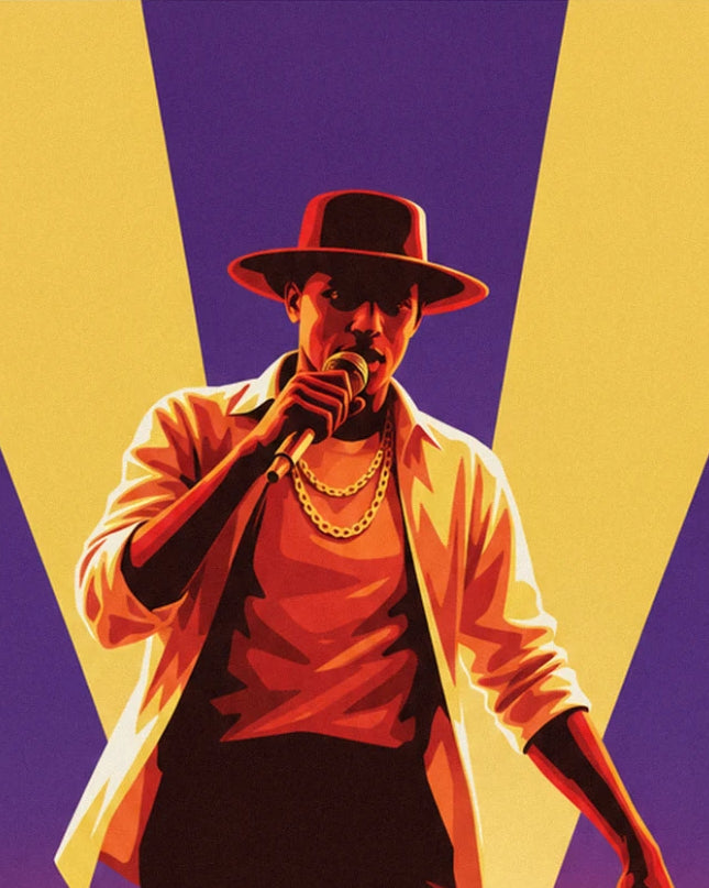 The rapper in a hat and gold chain, microphone in hand, beneath yellow and purple beams