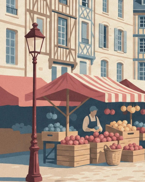 La marchande derrière ses cagettes de pommes rouges, sous l'auvent rayé et près du réverbère