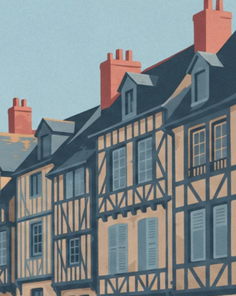 Les maisons à colombages aux volets bleus et aux cheminées rouges, sous un ciel clair