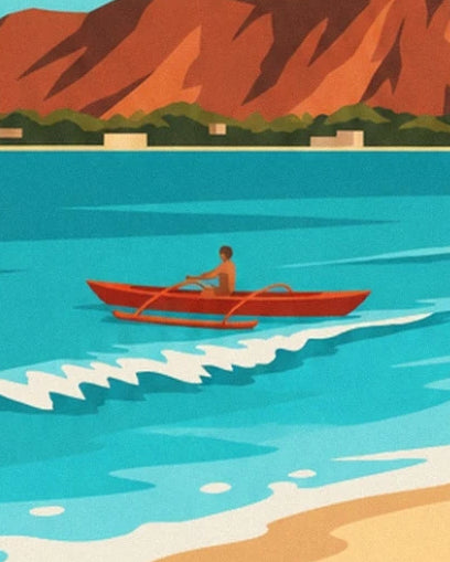 A red outrigger canoe and its paddler on the turquoise waters of Waikiki