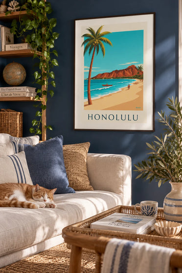 Affiche Diamond Head et plage de Waikiki à Honolulu : encadrée au mur