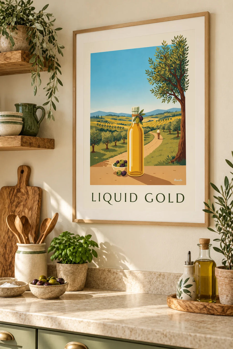 Póster aceite de oliva virgen extra y aceitunas: enmarcado en la pared